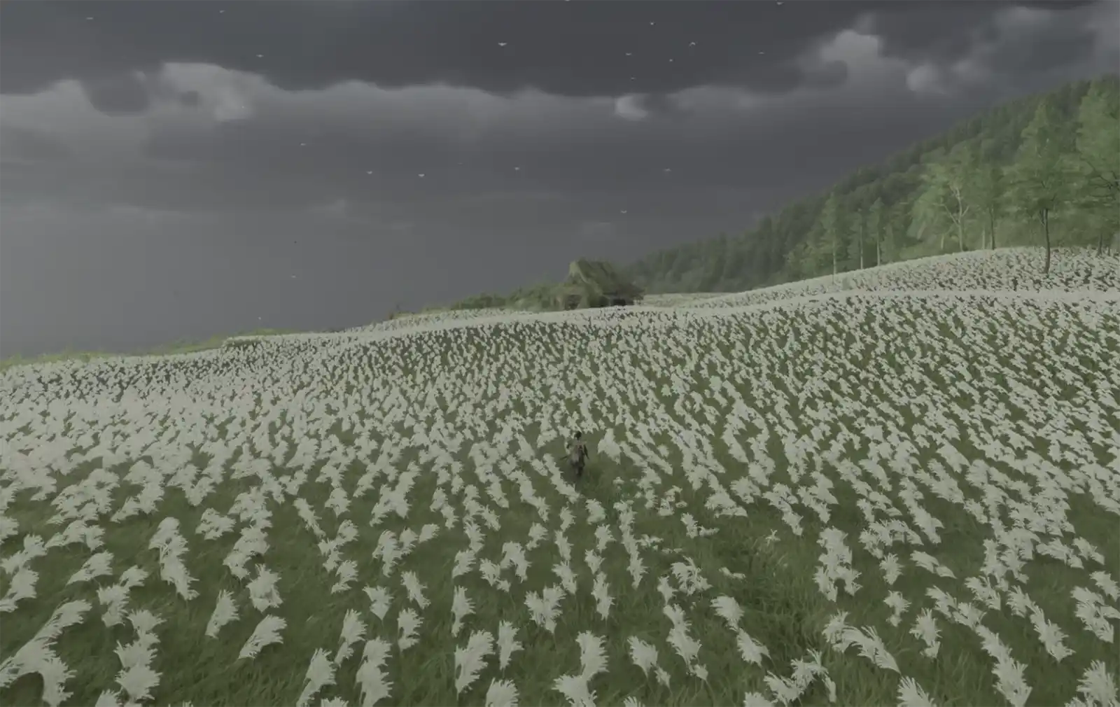 Samurái Atsu bajo un árbol de hojas rojas, posible monumento a un guerrero legendario.